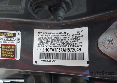 2010 Honda Civic Lx z USA, uszkodzony, nr VIN 2HGFA1F57AH572049